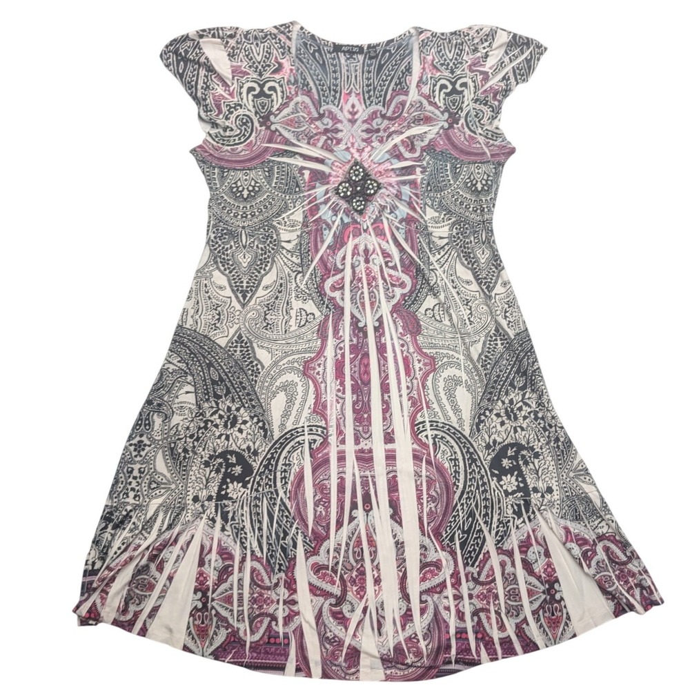 Apt 9 Paisley V-Neck Top Women PL Pink Grey Beaded Cap Sleeve Petite